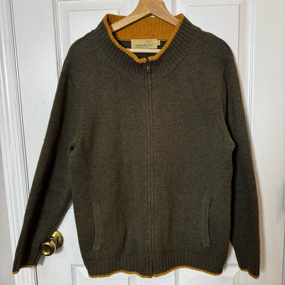 IrelandsEye 100% Wool Zip Cardigan Jacket Olive Mustard Trim Women’s Small/Med